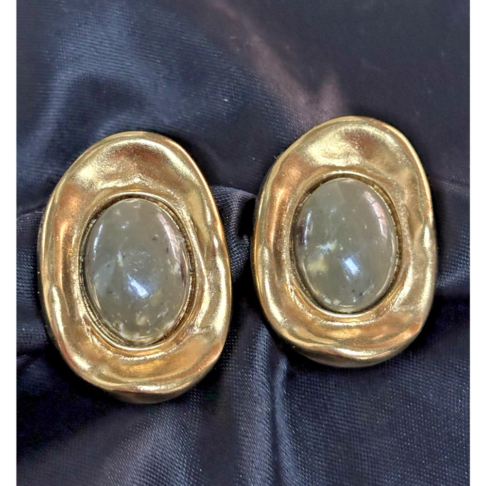 JACQUELINE FERRAR Clip-On Statement Earrings Gold Tone and Olive Green Brutalist
